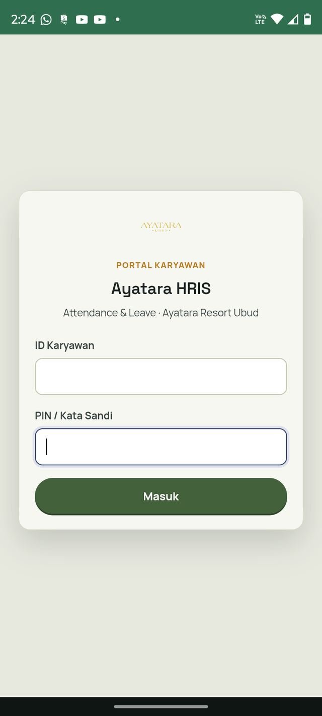 Layar login Ayatara HRIS: ID Karyawan dan PIN