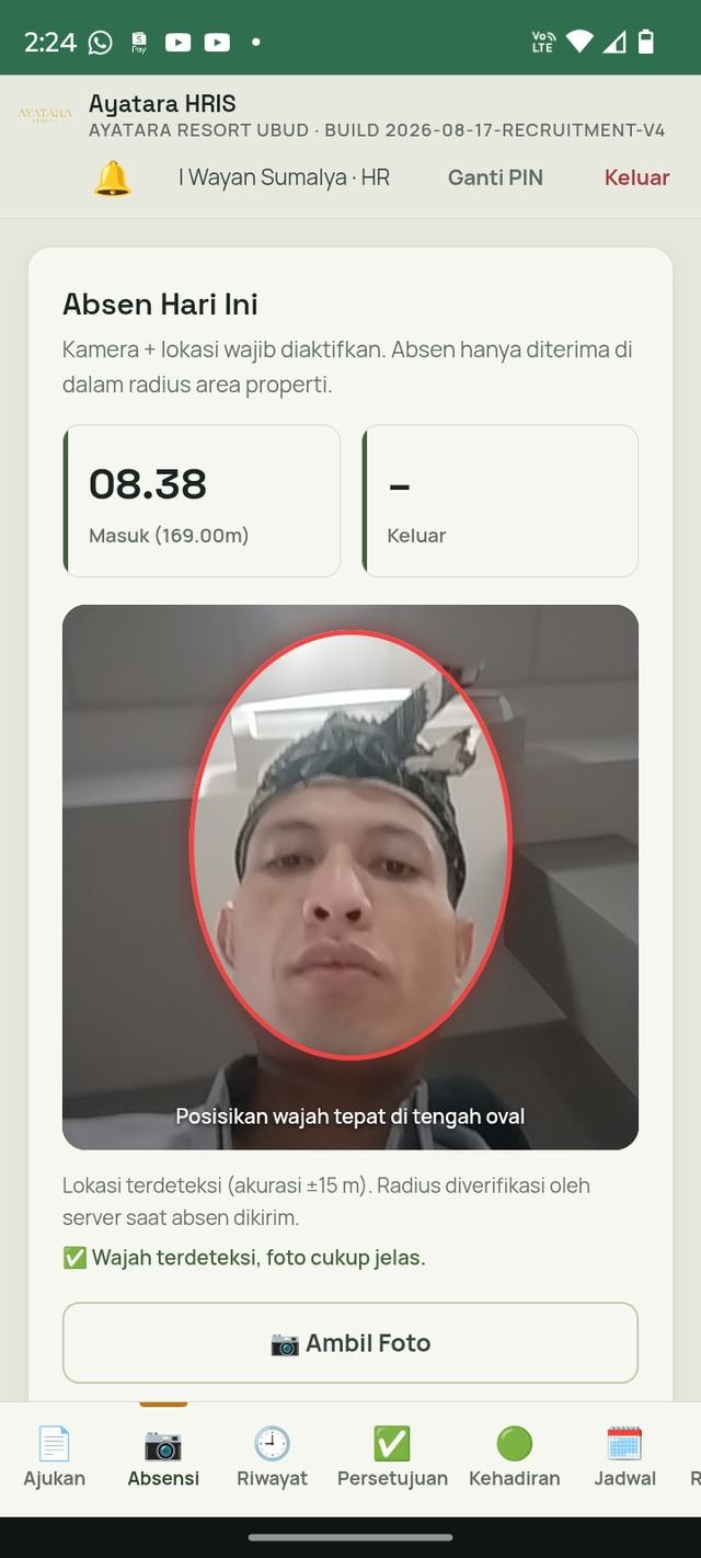 Layar Absen Hari Ini dengan panduan oval wajah